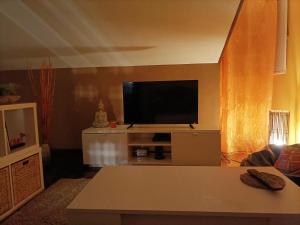 salon z telewizorem z płaskim ekranem na stojaku w obiekcie NAMASTÉ Avenida Compostela 6, 4B sin ascensor w mieście Palas de Rei 