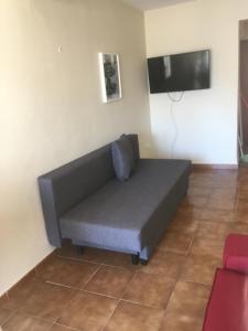 ein graues Sofa in einem Zimmer mit einem Flachbild-TV in der Unterkunft Apartamento Cullera-playa Parking Wifi in Cullera