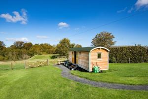 a small cabin in a field with a fence at Teasel Shepherd's Hut in Berwick-Upon-Tweed