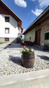 a barrel with flowers in it in front of a building at Apartment Landscape - new modern apartment near Bled in Zgornje Gorje