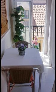 una mesa blanca y sillas con una planta en el balcón en APARTAMENTOS ROSI - 5-10 Minute Walk To La Zenia Beach, Beach Bar, Shops, Paddys Point, Cabo Roig - Free WIFI - Pool with Bar & Cocktails nearby - 6 Euros Pool Use - Optional, en Playas de Orihuela