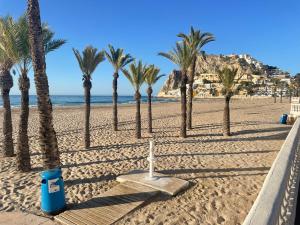 einen Strand mit Palmen und einem blauen Mülleimer in der Unterkunft Ruzafa Beach in Benidorm