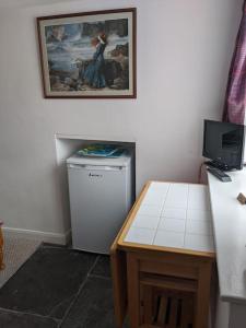 a room with a refrigerator and a picture on the wall at Rosie's place in Hartland