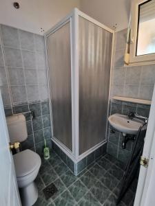 a bathroom with a shower and a toilet and a sink at Anno 2000 in Balatonlelle +38 photos
