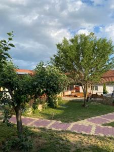 un patio con dos árboles y una acera en Тихият кът- Огняново en Ognyanovo