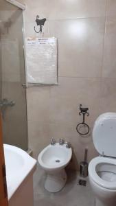 a bathroom with a toilet and a shower and a sink at Alihuen in San Martín de los Andes