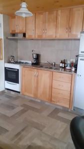 a kitchen with wooden cabinets and a white refrigerator at Alihuen in San Martín de los Andes