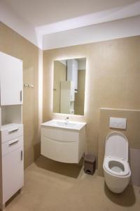a bathroom with a toilet and a sink and a mirror at Vertmont Villa in Sveti Stefan