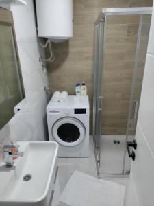 a bathroom with a washing machine and a sink at Apartman Gavric 2 in Doboj