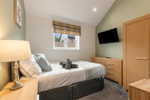 a bedroom with a bed with a television and a dresser at Cedar Cottage in Tenby +26 photos