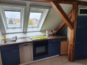 a kitchen with blue cabinets and two windows and a sink at HässelHof - 80qm Ferienwohnung im Zentrum von Bad Liebenwerda in Bad Liebenwerda