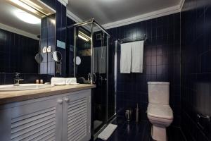 La salle de bains est pourvue de carrelage bleu, de toilettes et d'un lavabo. dans l'établissement AquaHotel, à Ovar