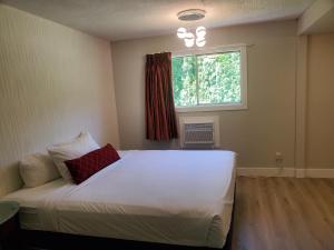 a bedroom with a white bed and a window at Alpine Inn Abbotsford in Abbotsford