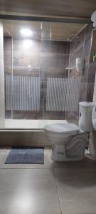 uma casa de banho com um WC, um chuveiro e um tapete. em Hotel La Castellana em Manizales