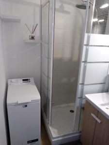um chuveiro com uma porta de vidro na casa de banho em Le petit Cabourgeais em Cabourg