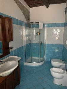 baño de azulejos azules con 2 aseos y ducha en B&B Panta Rei, en Cicerale