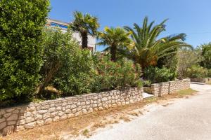 a stone retaining wall next to a road with palm trees at Apartments Nives, Artatore in Mali Lošinj