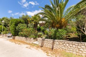 a stone retaining wall next to a road with a palm tree at Apartments Nives, Artatore in Mali Lošinj