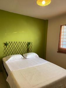 1 dormitorio con pared verde y 1 cama con 2 almohadas en BAMBUU, en Ríohacha