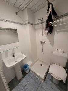 a white bathroom with a sink and a toilet at Hôtel Marquette in Lourdes