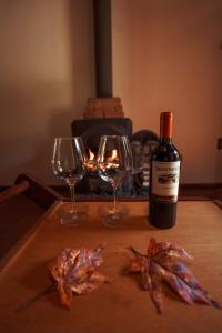 uma garrafa de vinho e duas taças de vinho sobre uma mesa em Pousada dos Quatis em Campos de Jordão mais 21 fotografias