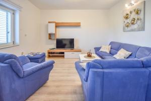 ein Wohnzimmer mit 2 blauen Sofas und einem TV in der Unterkunft Apartment S and E in Kali
