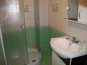 a green bathroom with a sink and a shower at Casa Sara in Săcele