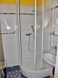 ein Bad mit einer Dusche und einem Waschbecken in der Unterkunft Alemka in Banjol