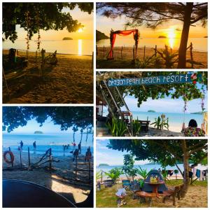 eine Collage von Fotos eines Strandes mit Menschen und dem Meer in der Unterkunft Dragon Pearl Beach Resort in Kota Belud