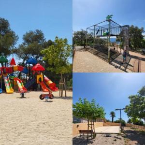 eine Collage mit drei Bildern eines Spielplatzes in der Unterkunft Camping L'ILE D'OR in Saint-Raphaël