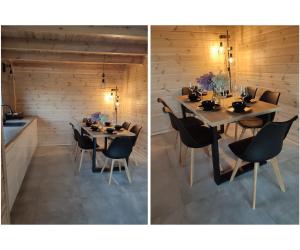 twee afbeeldingen van een eetkamer met een tafel en stoelen bij Sauna balia - Nowa Osada Domki przy plaży - całoroczne domki na Mazurach in Ryn