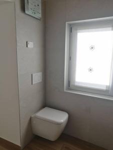 uma casa de banho com um WC e uma janela em Cadore Luminoso appartamento em Calalzo