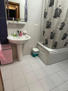 a bathroom with a sink and a shower curtain at شقة عائليه 701مطلة علي قناة السويس والبحر in Port Said +31 photos