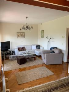 sala de estar con sofá blanco y TV en Apartment Sarajevo Hills, en Sarajevo