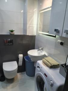 y baño con lavamanos y lavadora. en Apartament Mario, en Kolno