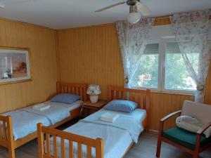 two twin beds in a room with a window at Premantura Studio apartman in Premantura