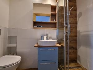a bathroom with a sink and a shower at Matik Pokoje Goscinne in Karwia
