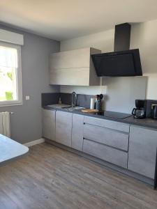 a kitchen with stainless steel cabinets and a sink at La Mosloise in Mosles