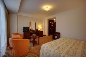 a hotel room with a bed and a chair and a mirror at Hotel Citrin - Adults Only in Braşov