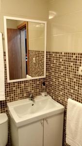 a bathroom with a sink and a toilet and a mirror at Casa do Pelourinho - T0 in Loriga +17 photos