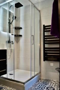 a shower with a glass door in a bathroom at L'atelier in Crest