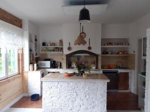 a kitchen with a stone island in the middle at Willa Bawarczyk in Istebna