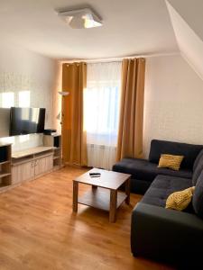 a living room with a couch and a coffee table at Apartament Lux in Gołdap