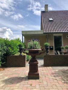 une maison avec deux plantes en pot dans une cour dans l'établissement HOLTINGERHUYS Uffelte- Giethoorn! Optie Wellness!!!, à Uffelte