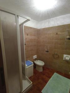 a bathroom with a toilet and a shower and a sink at Casa Negritella in Serrada