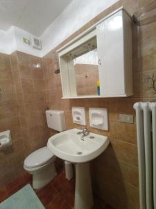 uma casa de banho com um lavatório, um WC e um espelho. em Casa Negritella em Serrada