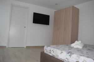 a bedroom with a bed and a flat screen tv at Dimora D’alessandro in Naples