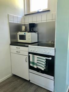 a kitchen with a stove and a microwave at Vandrarhem, Hostel in Hällestrand Semesterby in Strömstad +16 photos