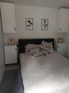 ein Schlafzimmer mit einem weißen Bett mit Kissen darauf in der Unterkunft Stacja Roztocze in Majdan Kasztelański