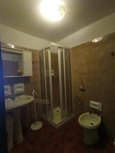 a bathroom with a shower and a toilet and a sink at Casa Ciclamino in Serrada